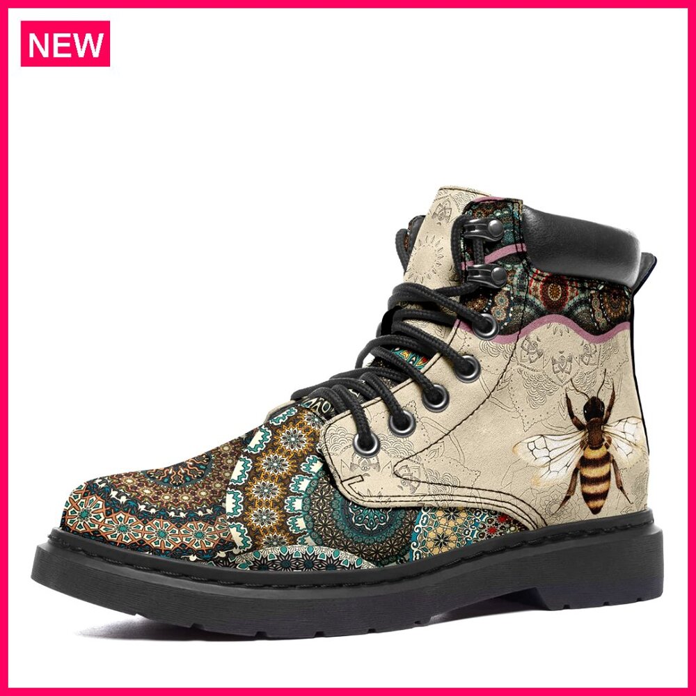 Leather Ankle Boots With Mandala Print, Lace-Up Design For Women